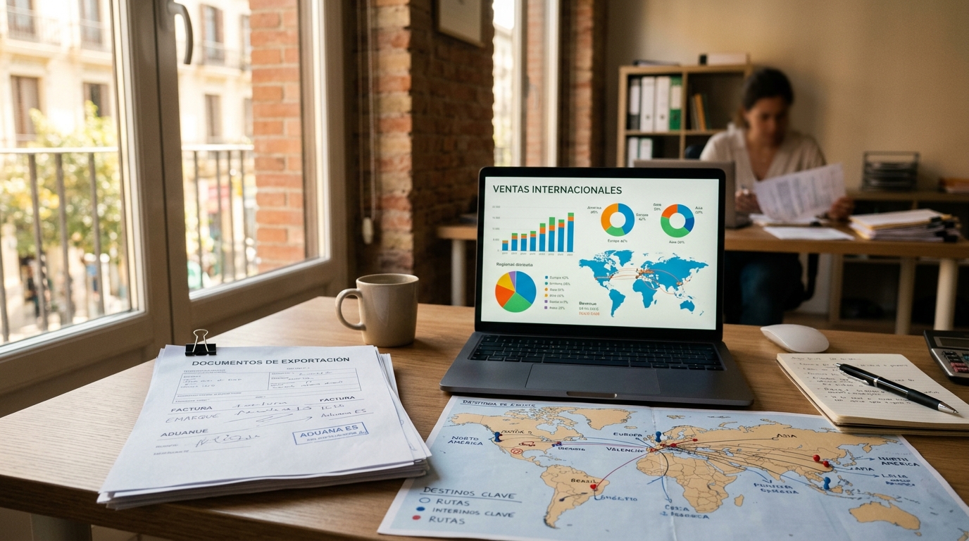 Escritorio de oficina con documentos de exportación, un mapa mundial y un portátil mostrando gráficos de ventas internacionales, símbolo de la internacionalización de pymes españolas.
