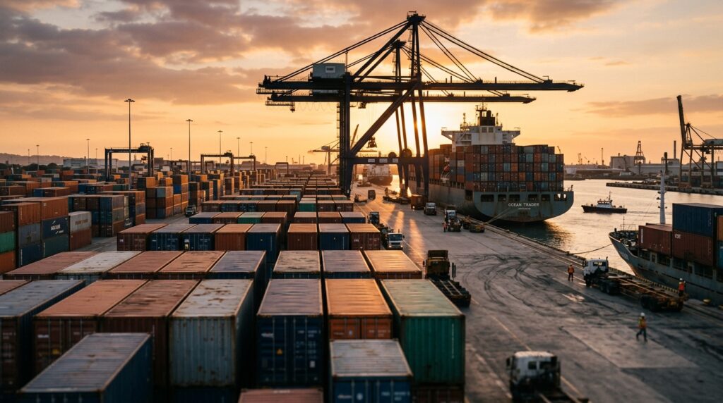 Contenedores de carga apilados en un puerto comercial internacional al atardecer, con una grúa portuaria al fondo