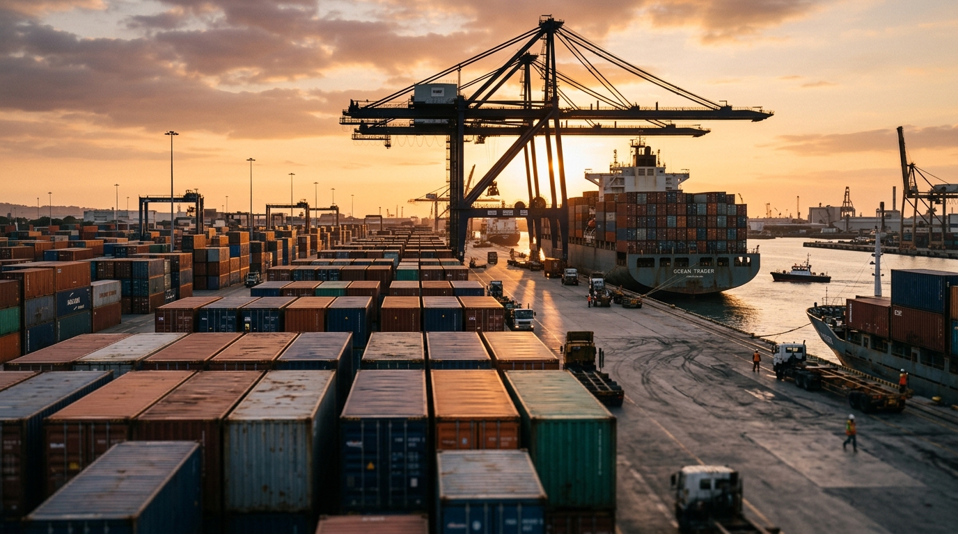 Contenedores de carga apilados en un puerto comercial internacional al atardecer, con una grúa portuaria al fondo