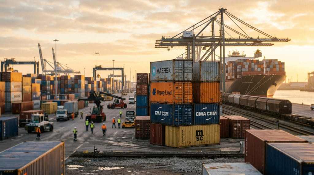 Contenedores de carga apilados en una terminal portuaria europea al amanecer, simbolizando el control documental previo a la llegada de mercancías bajo el sistema ICS2.