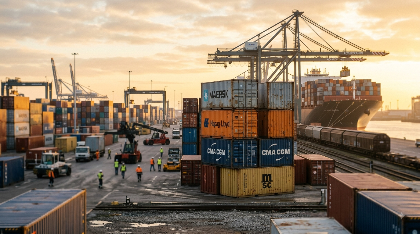 Contenedores de carga apilados en una terminal portuaria europea al amanecer, simbolizando el control documental previo a la llegada de mercancías bajo el sistema ICS2.